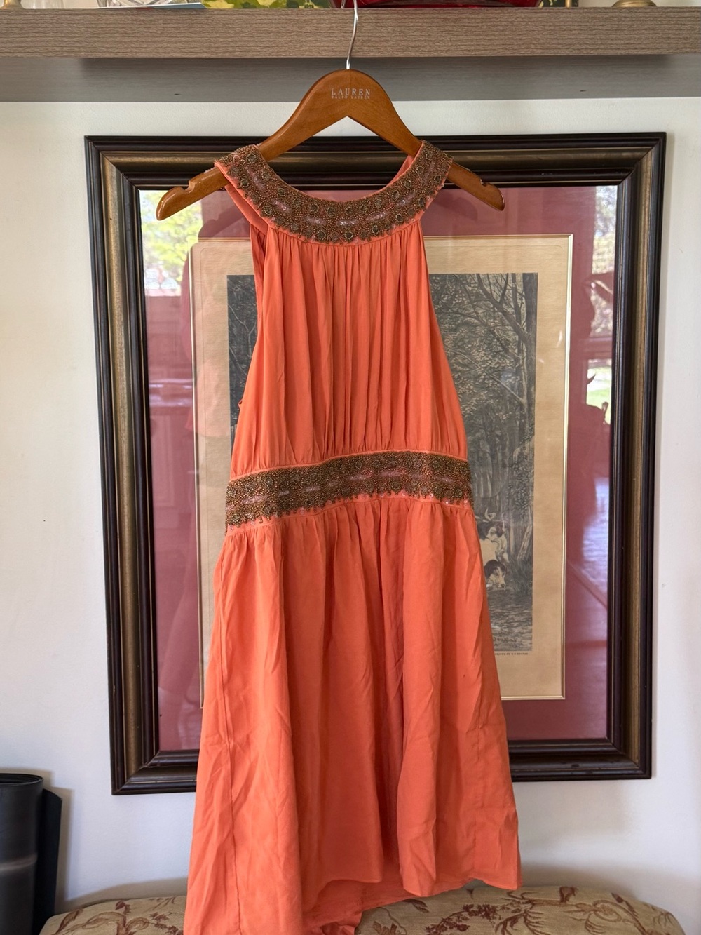 Alice + Olivia Coral Halter Maxi Dress with Metallic Trim